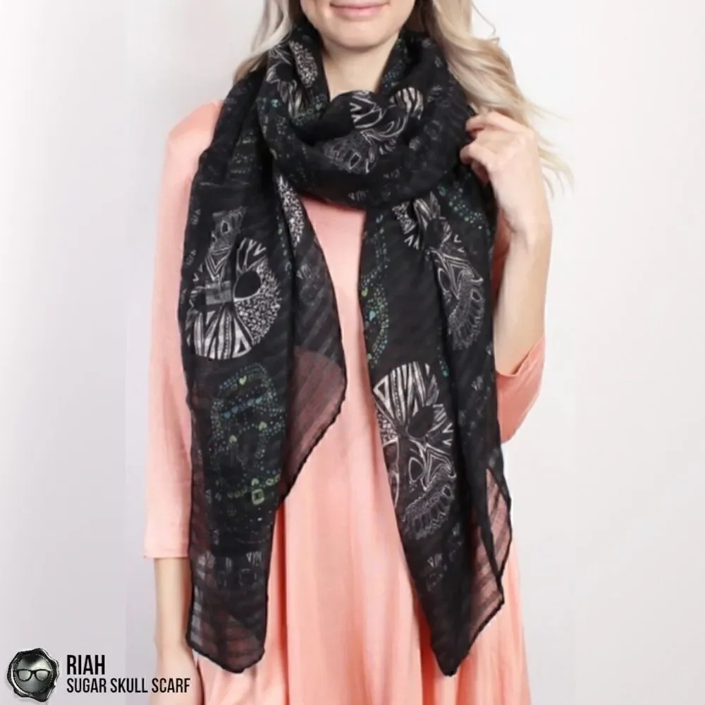 LIGHTWEIGHT GAUZY SUGAR SKULL PRINT SCARF WRAP SHAWL IN BLACK HALLOWEEN MUERTOS